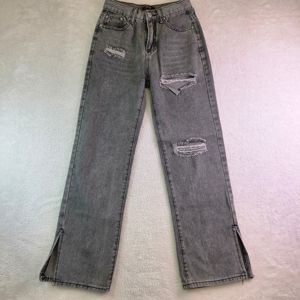 MICAS Womens Grey Distressed High Waisted Straight Leg Jeans Side Slit Size XS